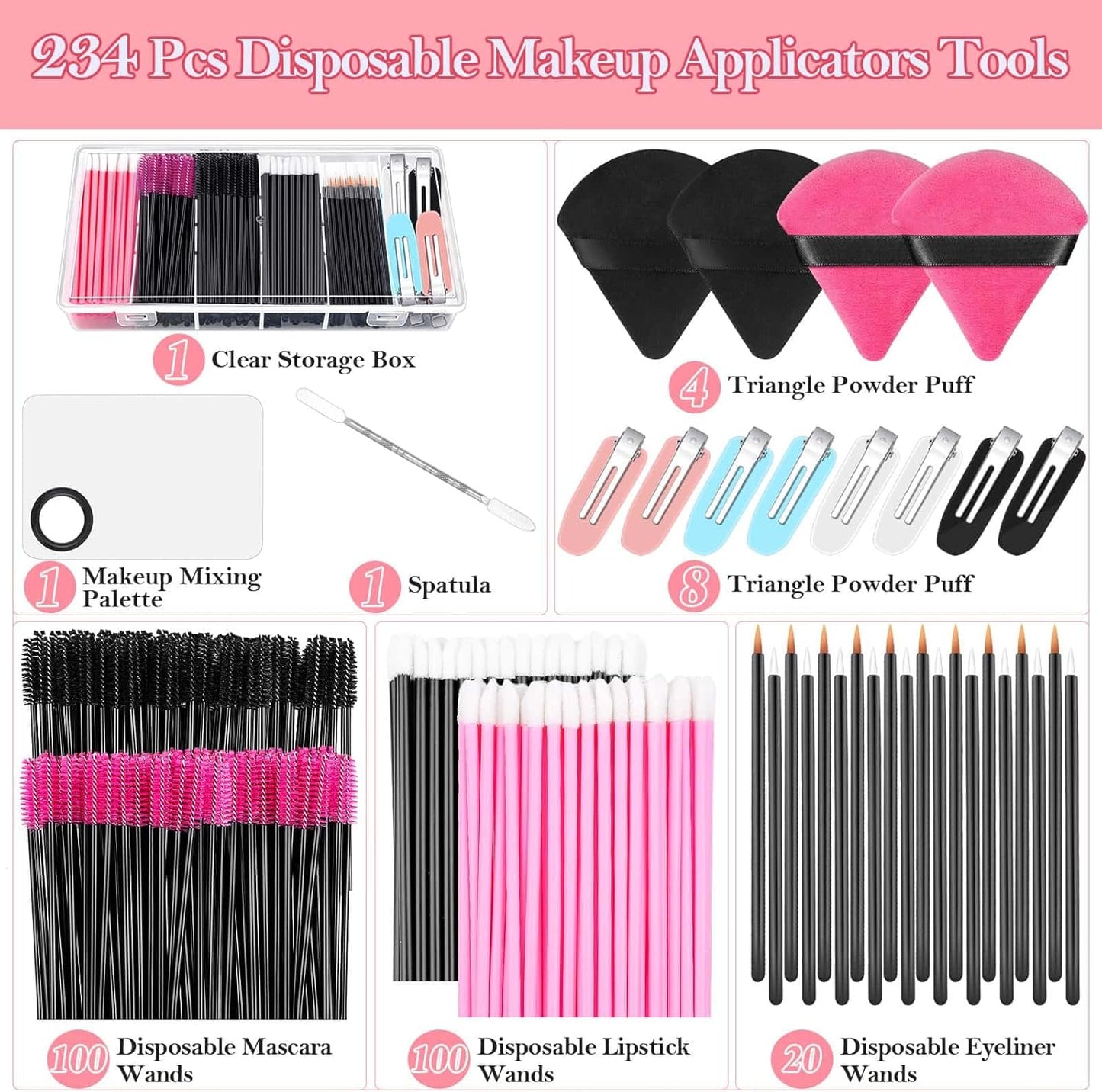 Disposable Applicators Kit with Makeup Puff, Mixing Palette, Artist Supplies, Accessories, Mascara Wands, Lip Brushes, Hair Clips, Powder Puffs for Face with Storage Box
