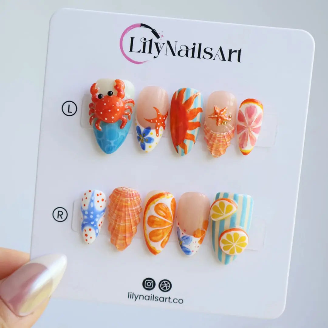 Crab & Seashell Press on Nails - Coastal Summer Beach Nails - Medium Almond