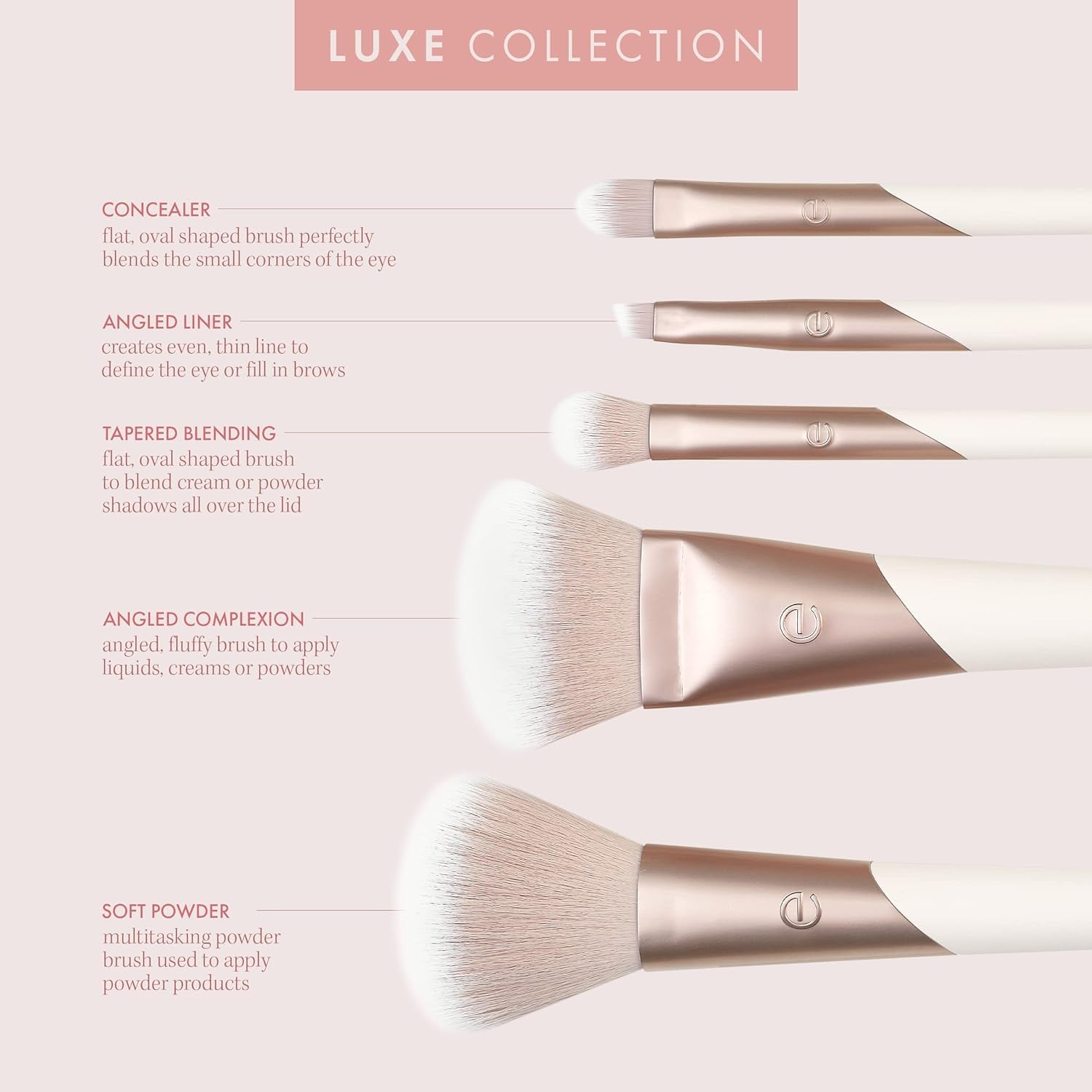 Luxe Professional Face Makeup & Foundation Brush Set, Premium Brush Kit for Face, Cheek, & Eye Makeup, Synthetic Makeup Brushes, Vegan & Cruelty-Free, 5 Piece Set