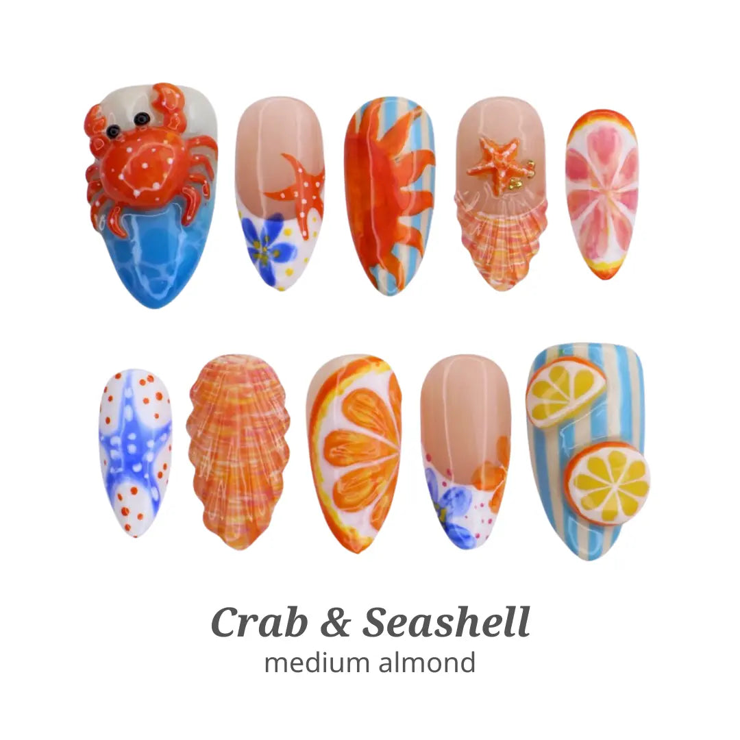 Crab & Seashell Press on Nails - Coastal Summer Beach Nails - Medium Almond