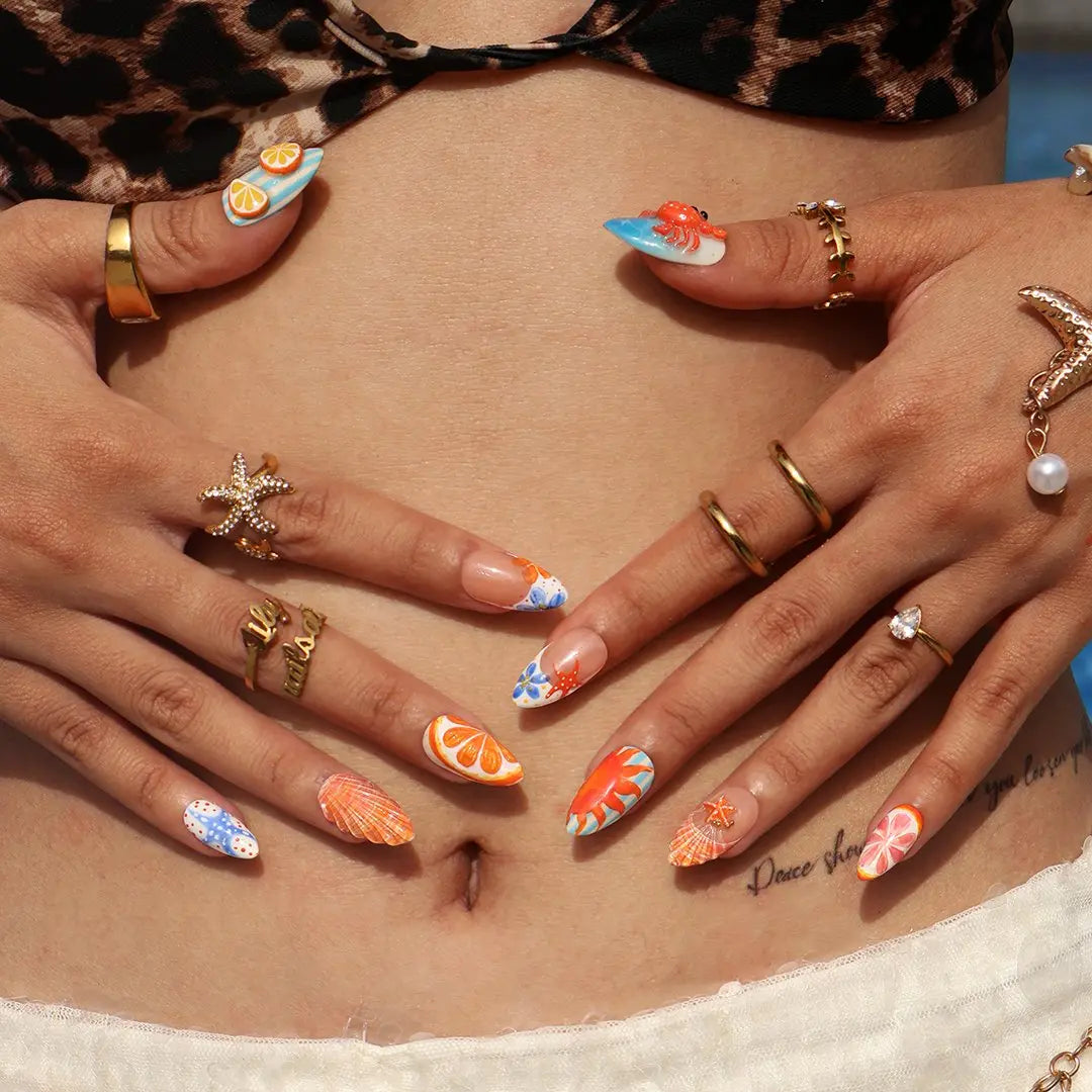 Crab & Seashell Press on Nails - Coastal Summer Beach Nails - Medium Almond