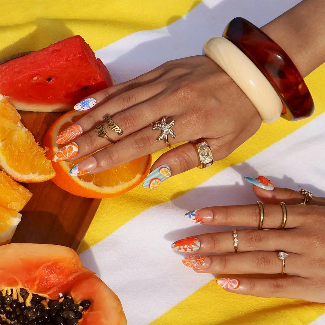 Crab & Seashell Press on Nails - Coastal Summer Beach Nails - Medium Almond
